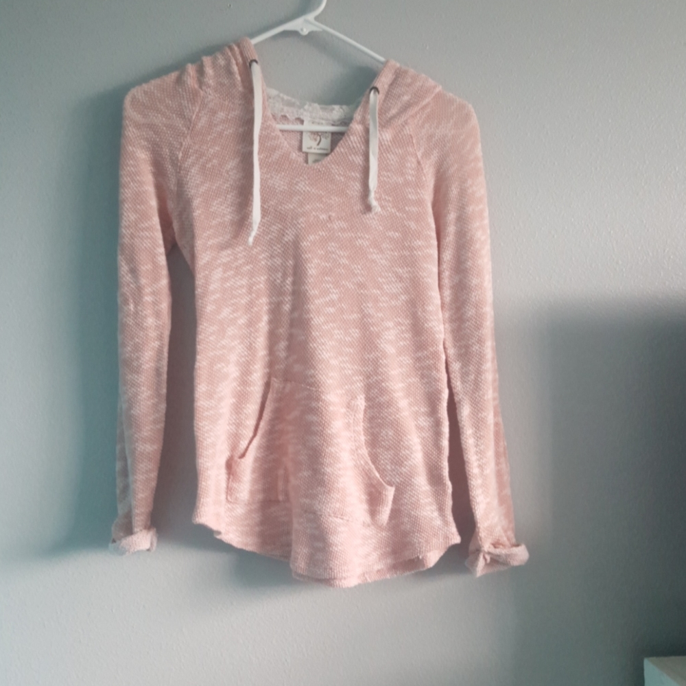 Peach sweater with lace lined Hood